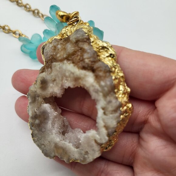 Laura J Finery Gold Plated Brass Necklace Druzy Geode Pendant Teal Gemstones - Picture 7 of 12